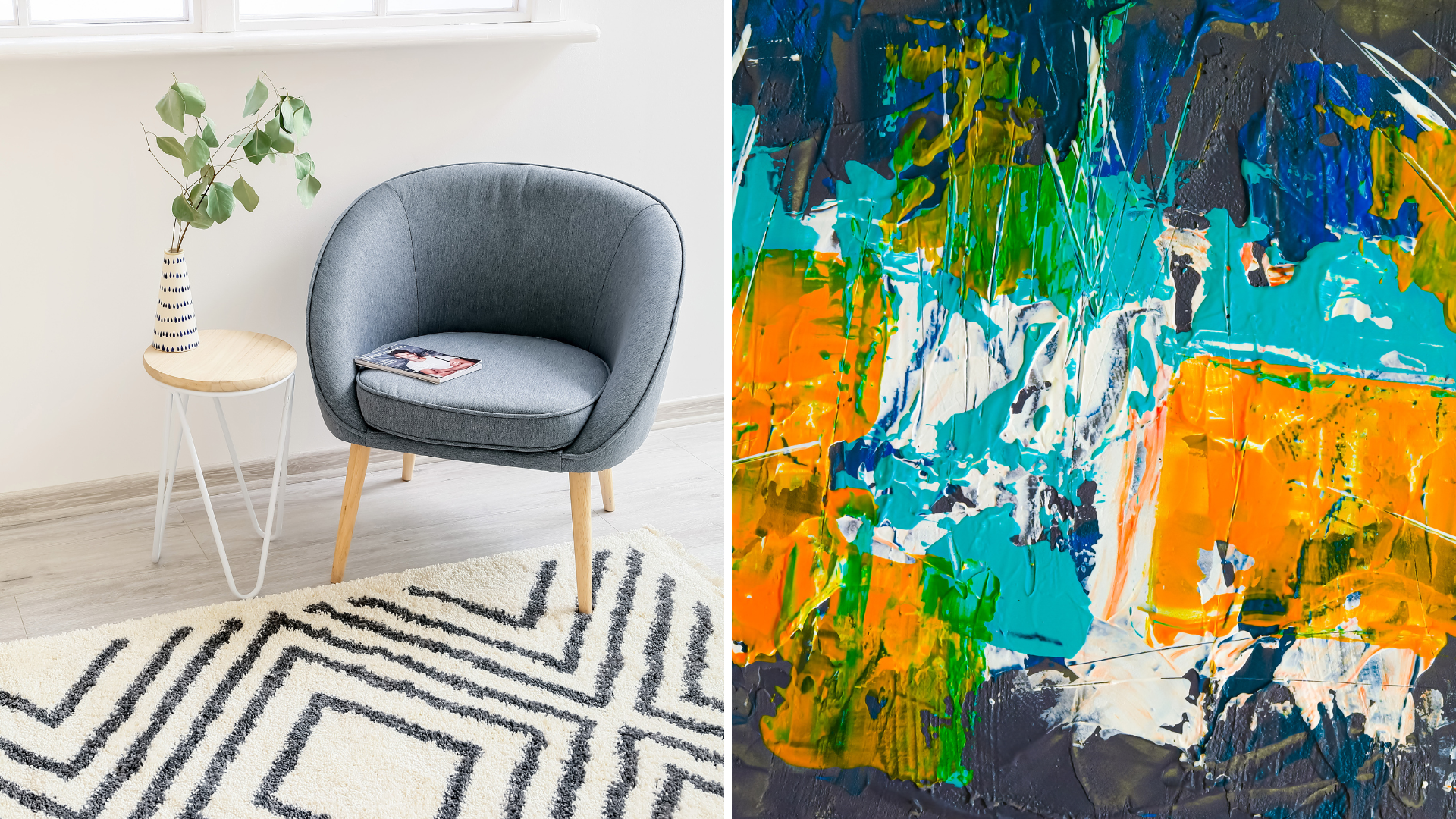 Budget-friendly ways like geometric rugs, vintage lighting fixtures, and abstract art