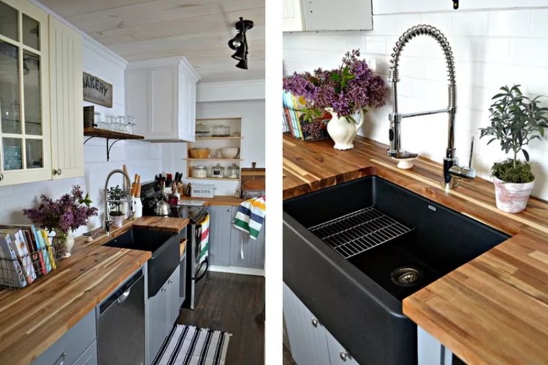 black kitchen with butcher block