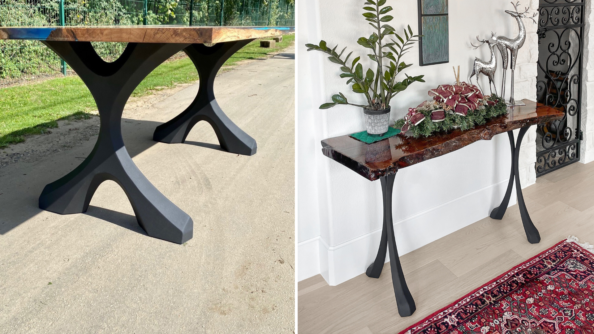 X-shaped table legs have two diagonal sides that cross each other at the center.