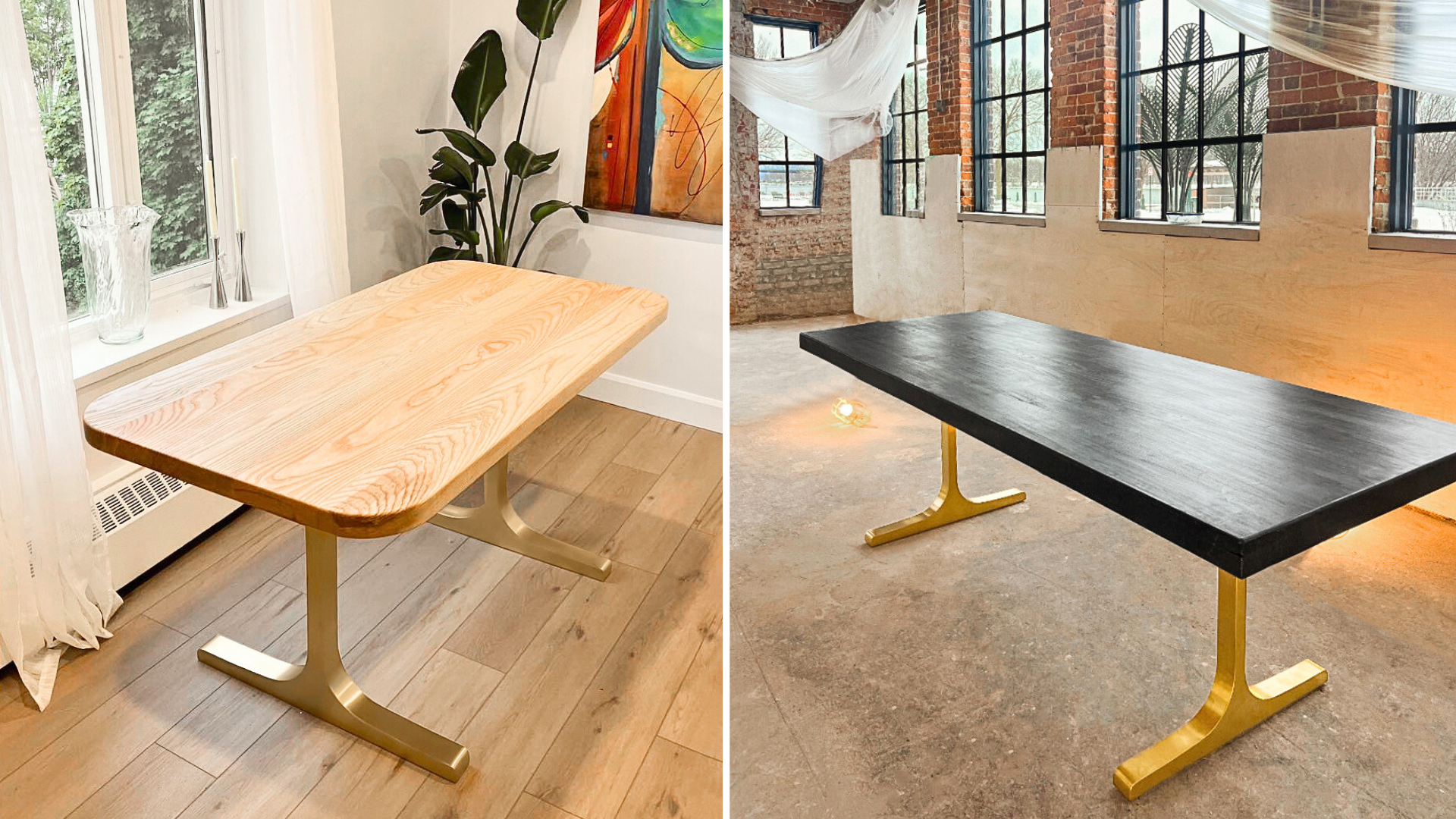 T-shaped table legs have one vertical side connected by a horizontal base to another vertical side that is shorter or longer than the first one.