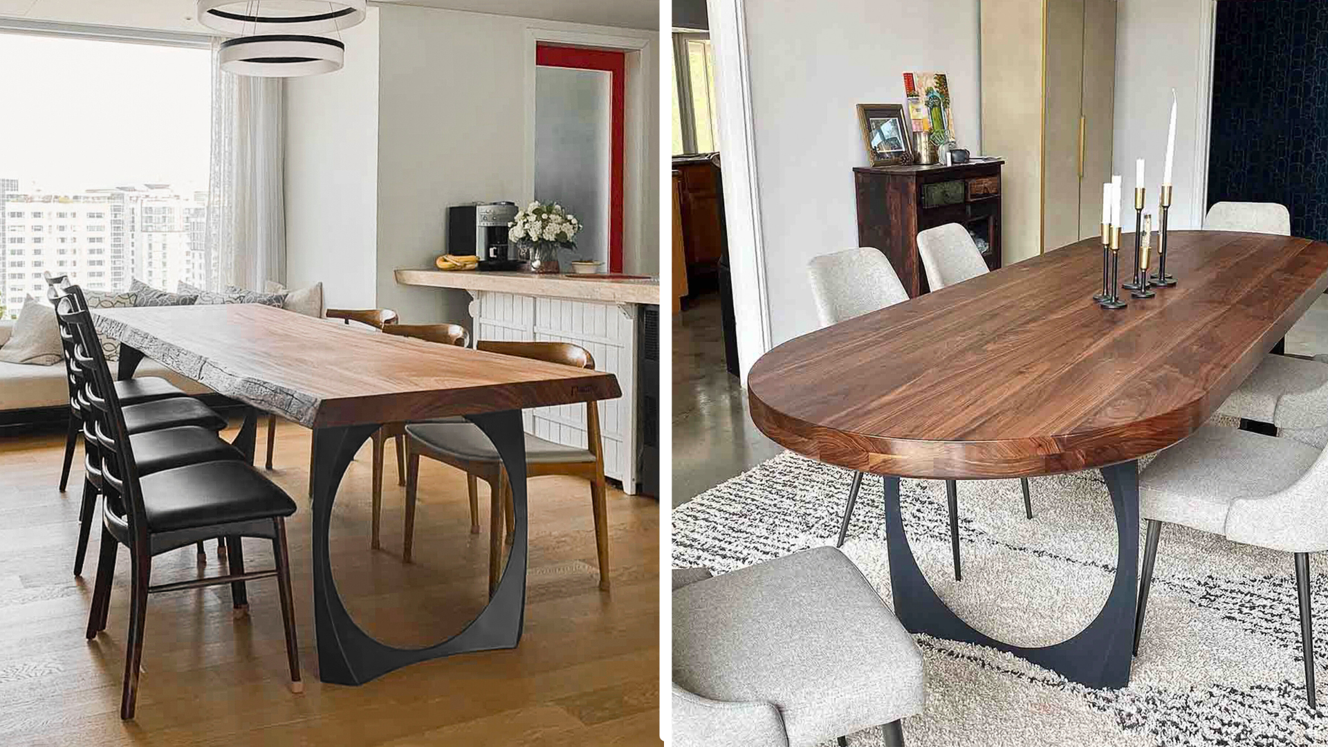 Oria metal table legs have a sleek and curved design that resembles a crescent moon.