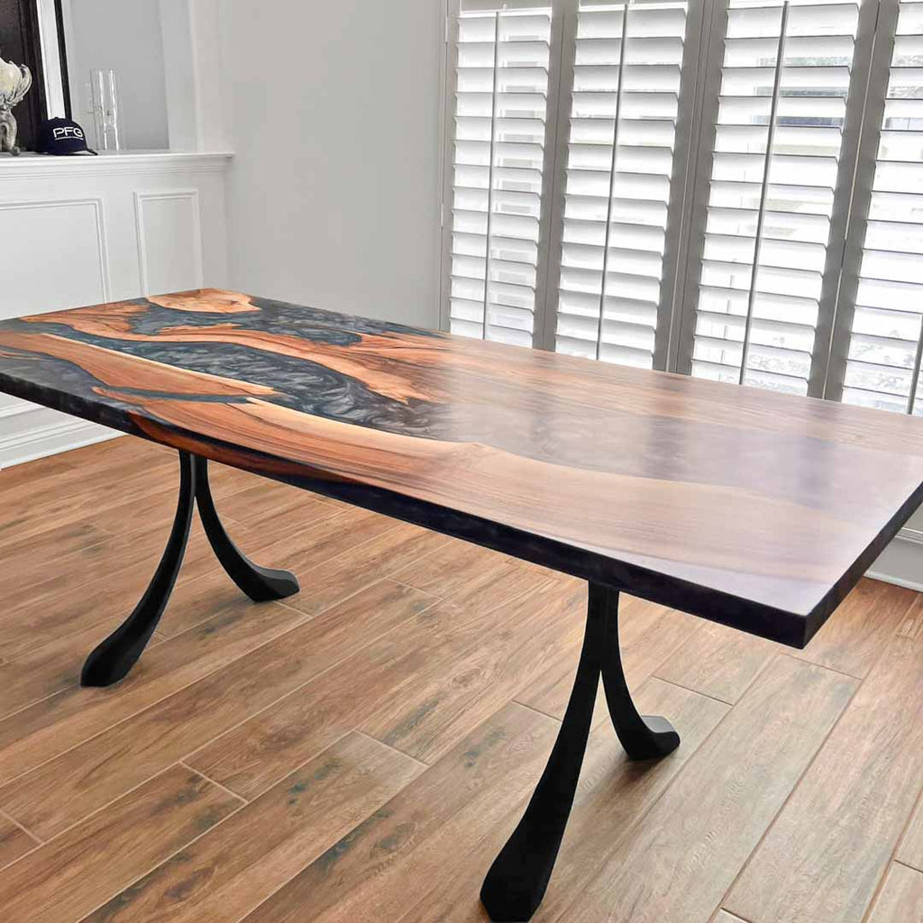 Modern Style Epoxy River Table Featuring Cherry Wood and Live Edge Slab  Table Legs