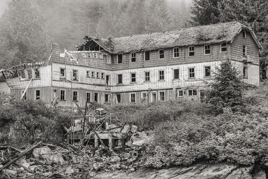 ic:The haunting corridors of an abandoned hotel in British Columbia invite the viewer into a silent interlude, a passage frozen in time where echoes of the past linger in the air, untouched and eerie in their stillness.