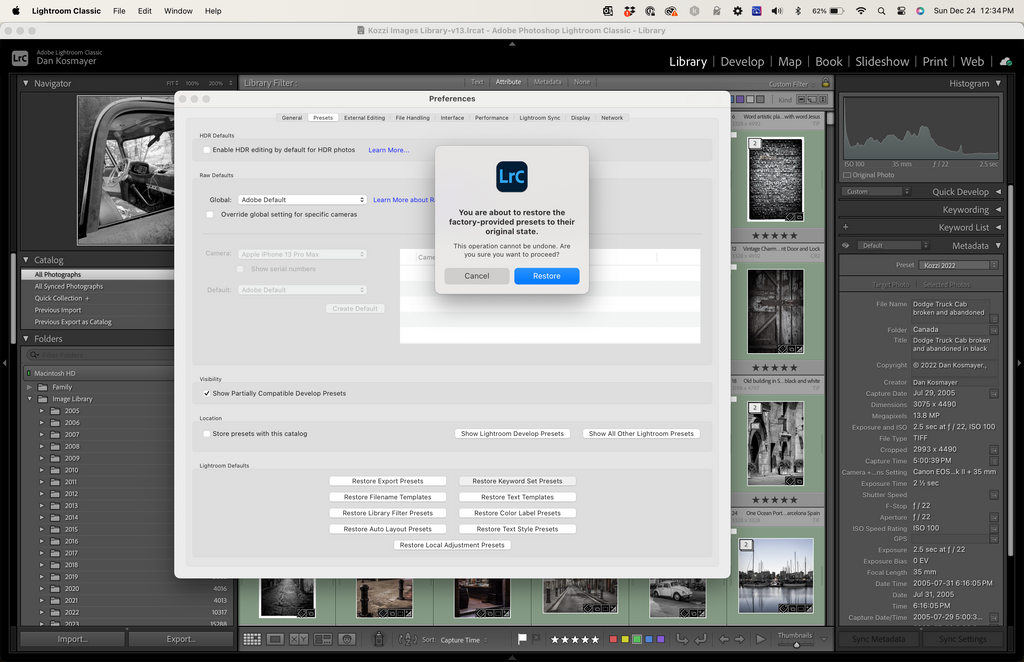 ic:Confirmation dialog after clicking ‘Reset Preferences’ in Lightroom Classic, followed by the necessary restart to apply changes and load default settings.