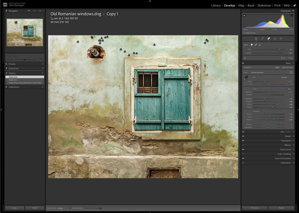 ic:Import the Image into Adobe Lightroom and identify objects that you would like to remove - the pipe in the wall for example.