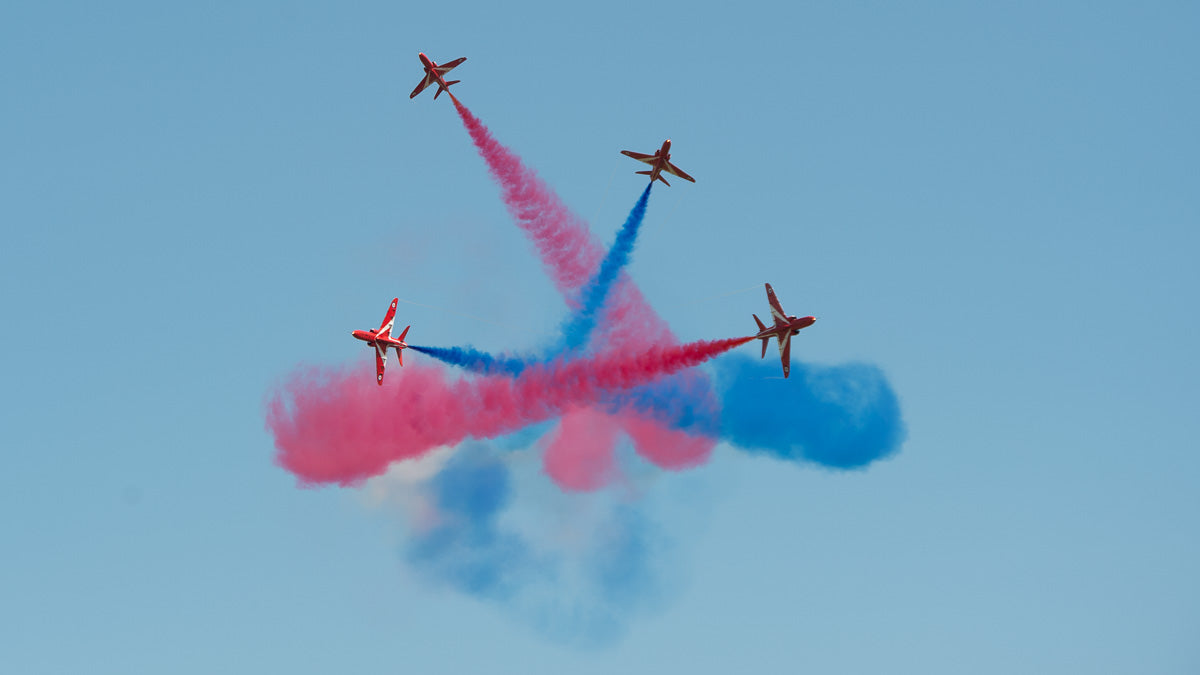 Red Arrows RAF aerobatic team doing a crossover