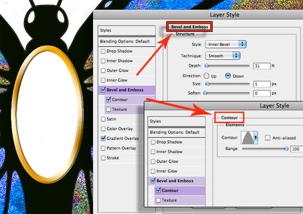 ic:Bevel and Emboss and (inset) Contour Layer Styles for the gold setting.