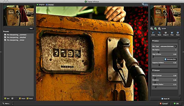 ic:InFocus uses the same, clean interface as its fellow Topaz apps, with presets on the left, working image in the middle, and parameter controls on the right.