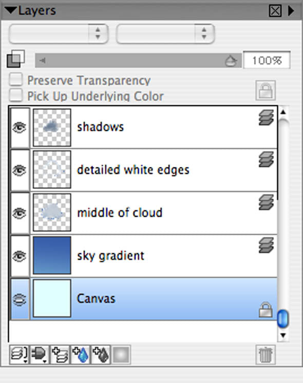 ic:I use a separate layer for the sky gradient, though I could have just created it on the Canvas layer. Notice that the Detailed White Edges (the highlights) are between the other two cloud layers.