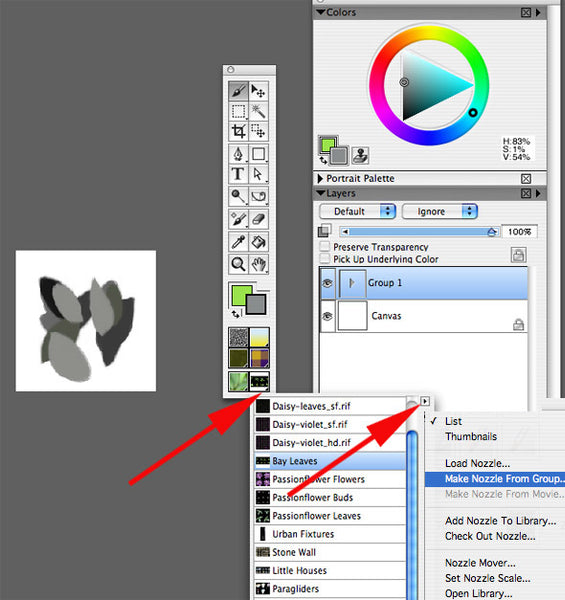 First, make sure the layers group is activated (blue). Then, click on the triangles indicated by the arrows.
