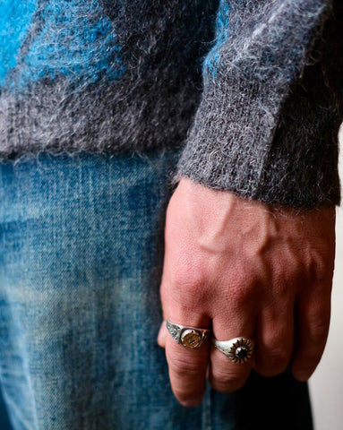 Radiall Mohair Cardigan Styled with Rings and Evisu Denim