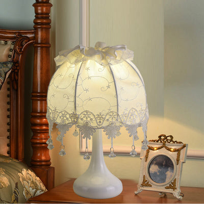 European Vintage White Fabric Crystal Hanging 1-Light Table Lamp