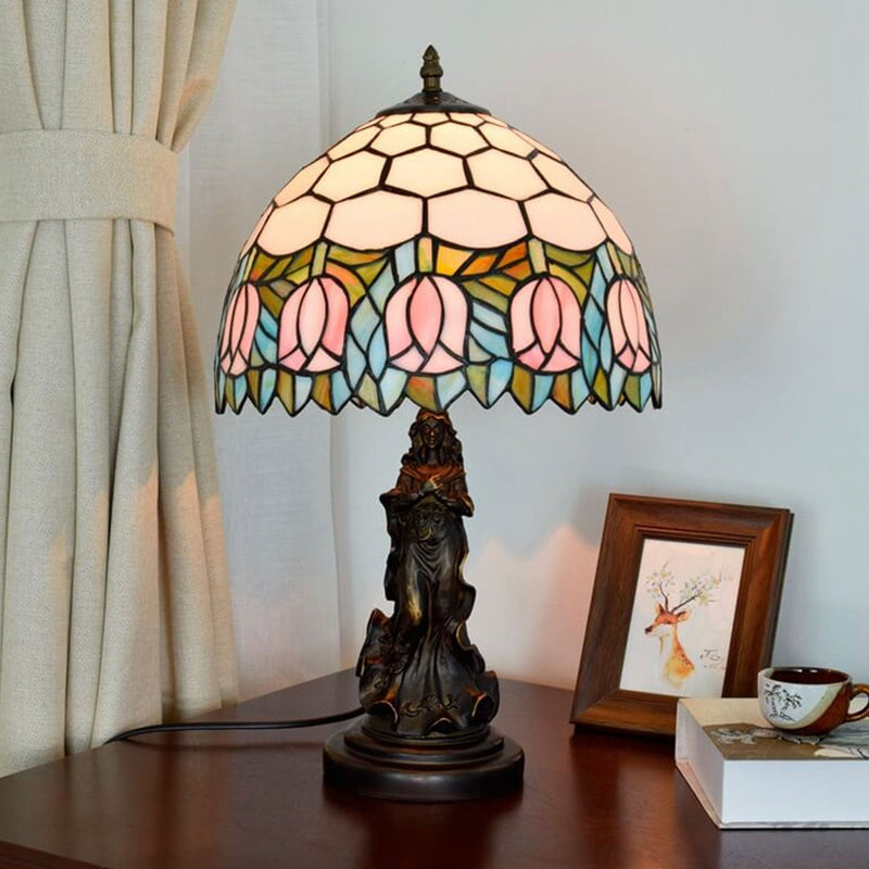 Vintage Tiffany Tulip Stained Glass Angel Base 1-Light Table Lamp