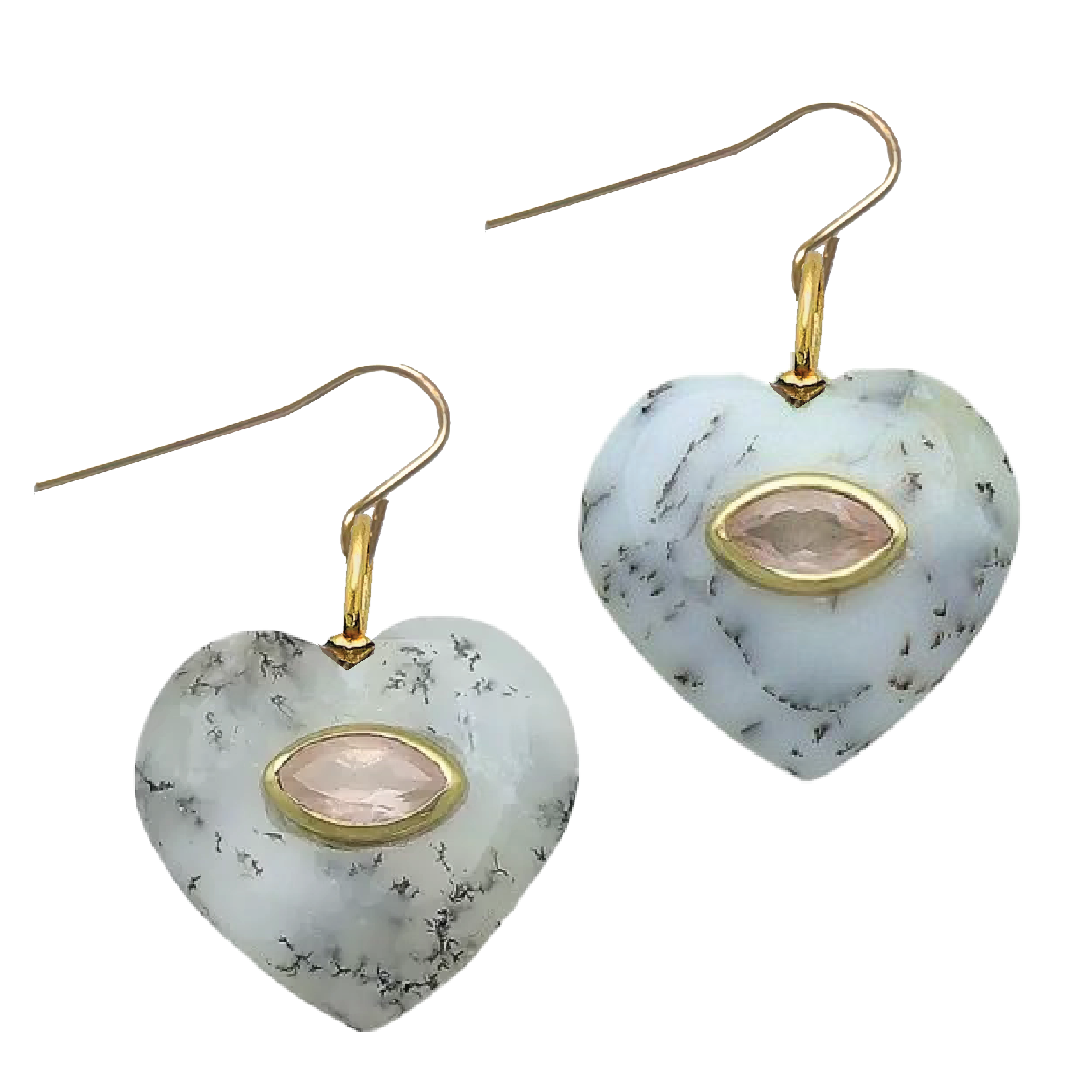 LoveSpell Heart Earrings - I need more love in my life - Dendrite Opal + Rose Quartz