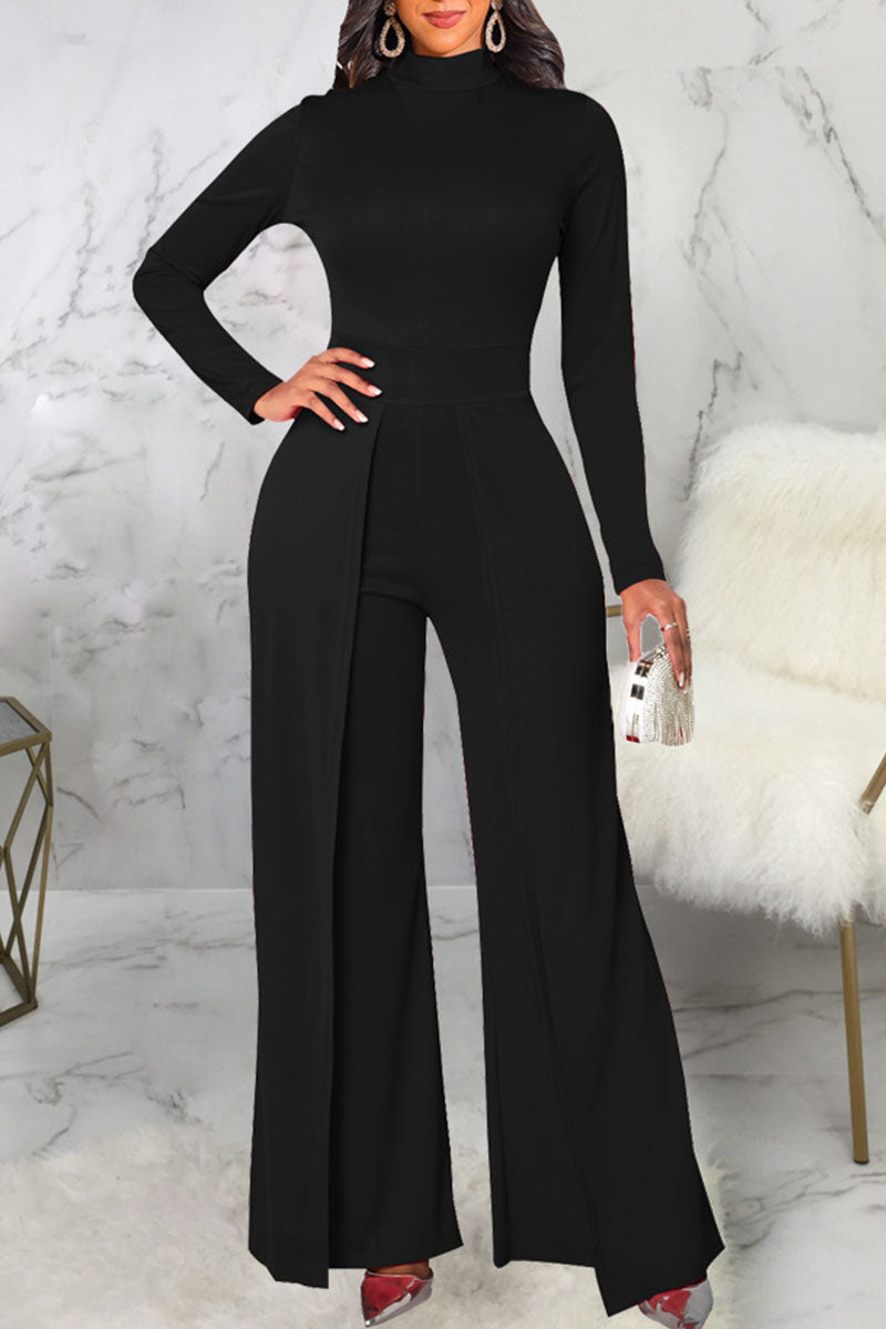 Casual Solid Split Joint Half A Turtleneck Straight Jumpsuits ...