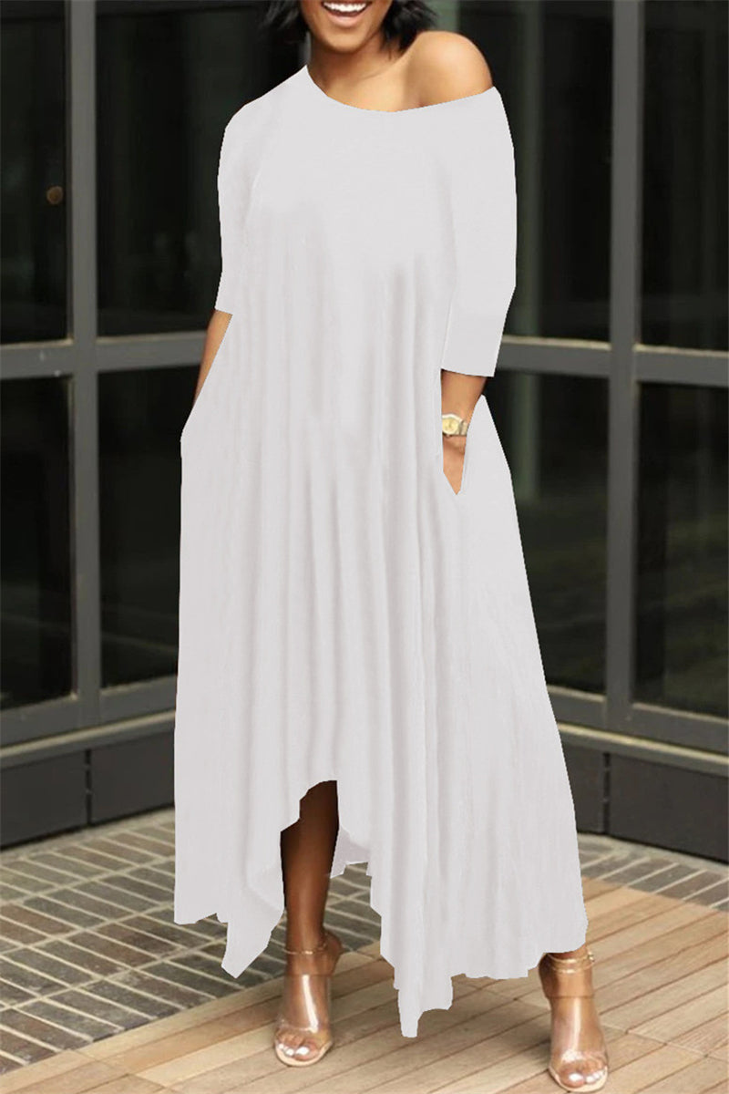 Fashion Solid Asymmetrical Oblique Collar Long Dresses – highfashionwears