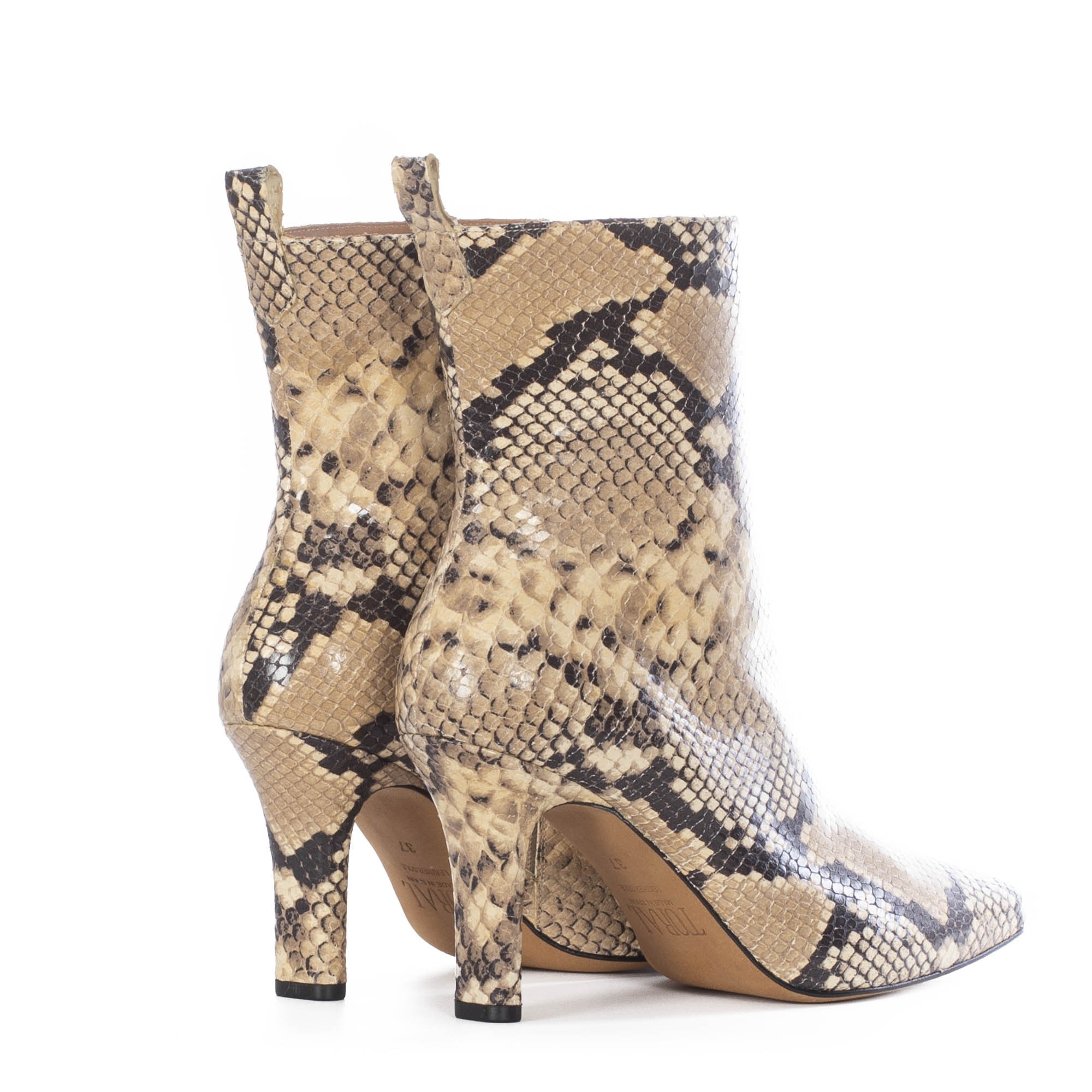 snakeskin open toe booties