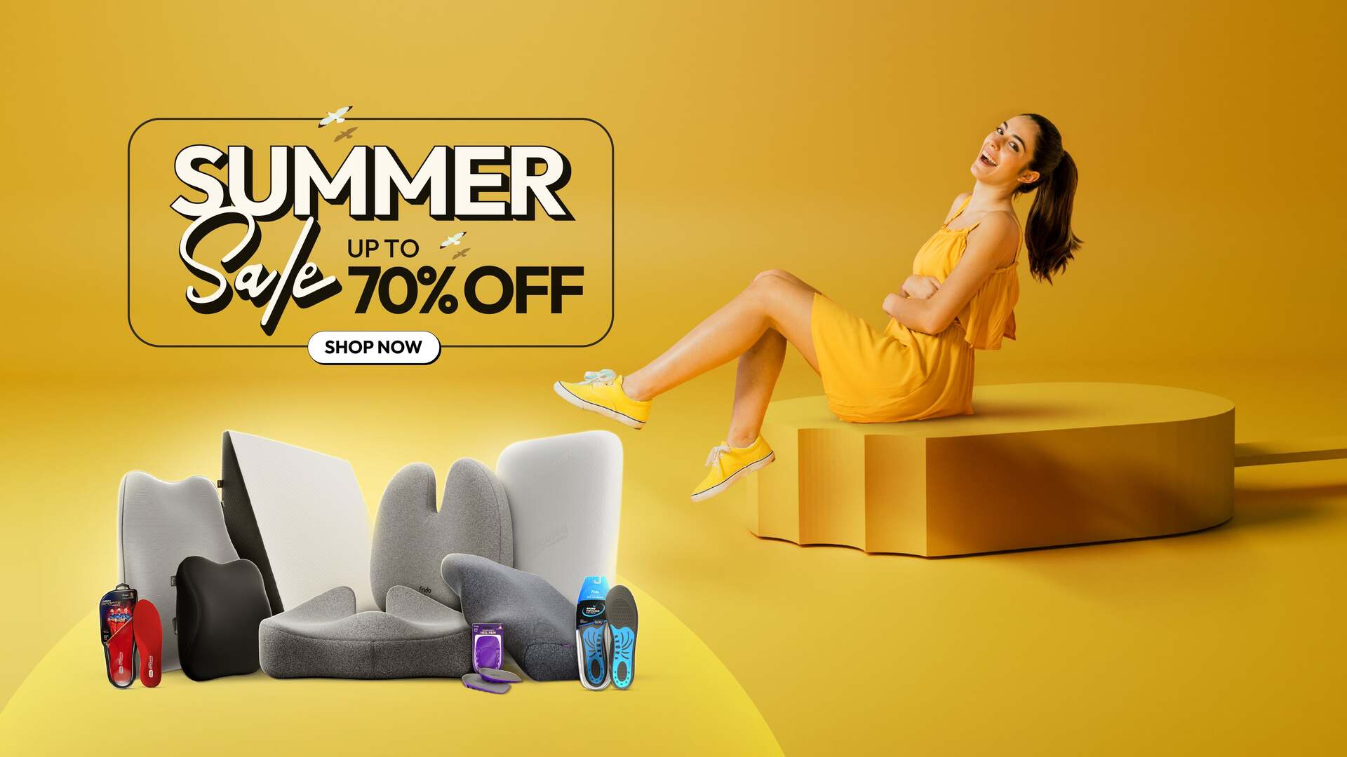 A promotional graphic with a woman in a yellow dress for a Summer Sale event, offering up to 70% off.
