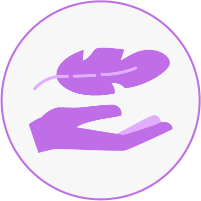 Stylized icon of a purple hand with a feather above it.