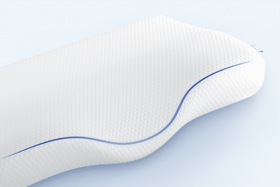 A white, ergonomically designed pillow with a curved blue line.