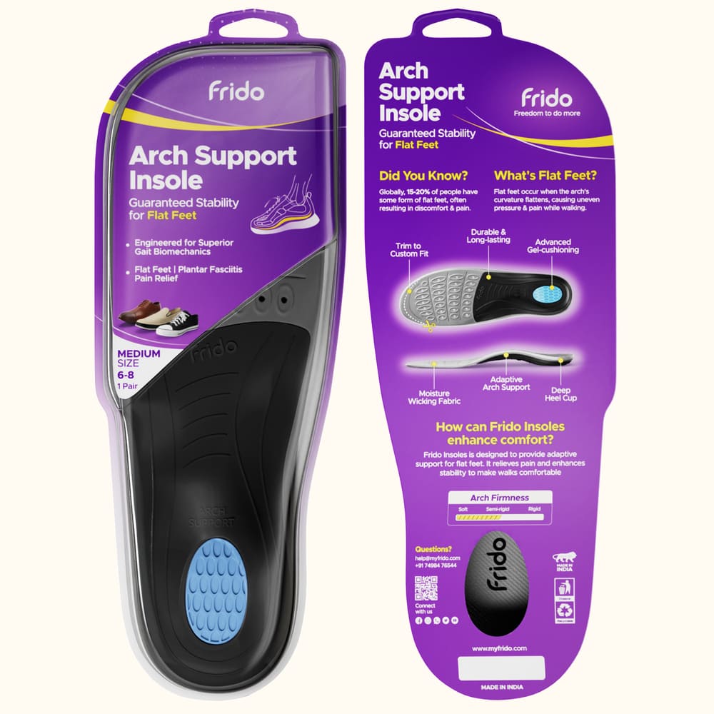 Packaging of Frido Arch Support Insoles for flat feet, featuring product details and benefits.