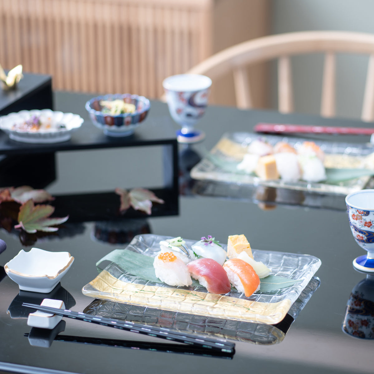 Table Setting #180 Sushi with Stylish Maki-e Glass Rectangle Plates