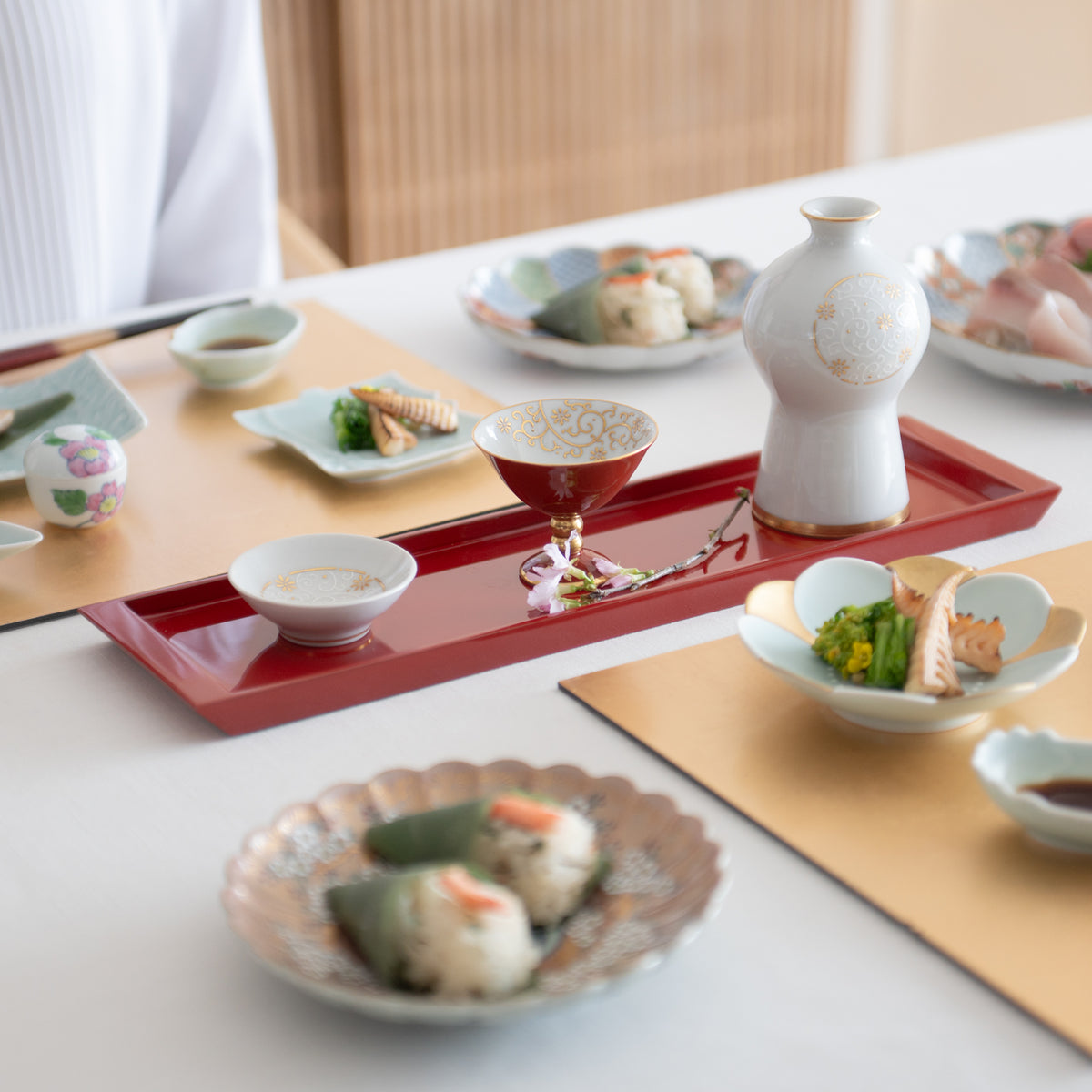 Table Setting #187 Sake Elegance: The Dance of Celadon on Gold