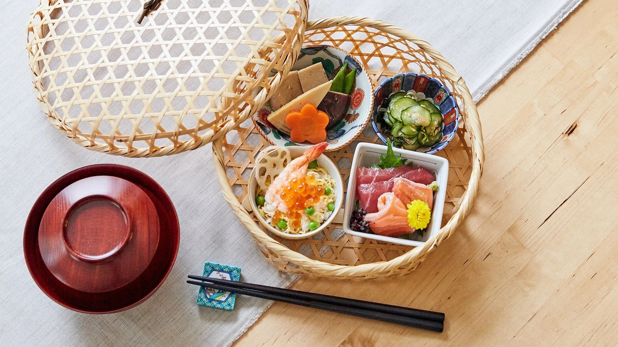 Table Setting #7 Seasonal Side Dishes in a Bamboo Basket