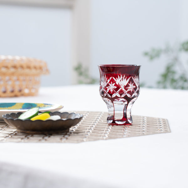 Hirota Yarai Edo Kiriko Cut Glass Guinomi Sake Cup Red - MUSUBI KILN - Handmade Japanese Tableware and Japanese Dinnerware