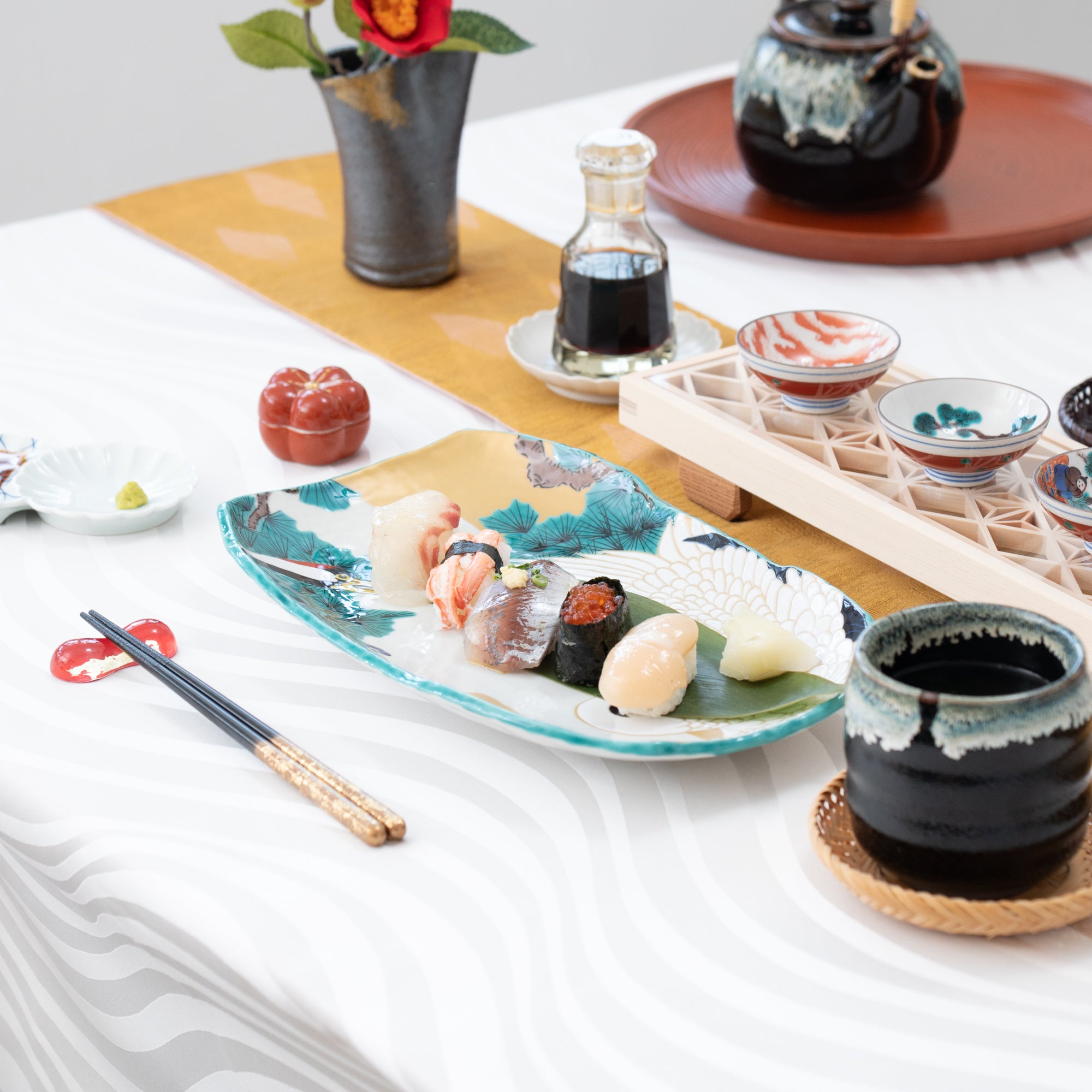 Japanese Table Setting #26 Genuine Sushi Set with Ceramic Plate Like Wood, MUSUBI KILN