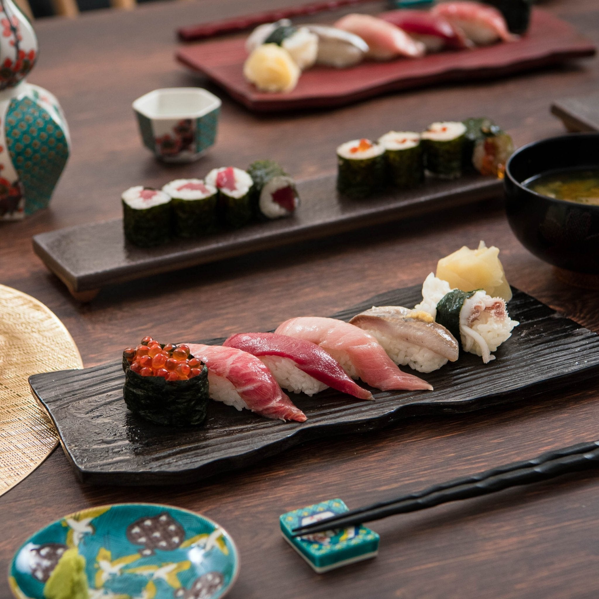 Japanese Table Setting #26 Genuine Sushi Set with Ceramic Plate Like Wood, MUSUBI KILN