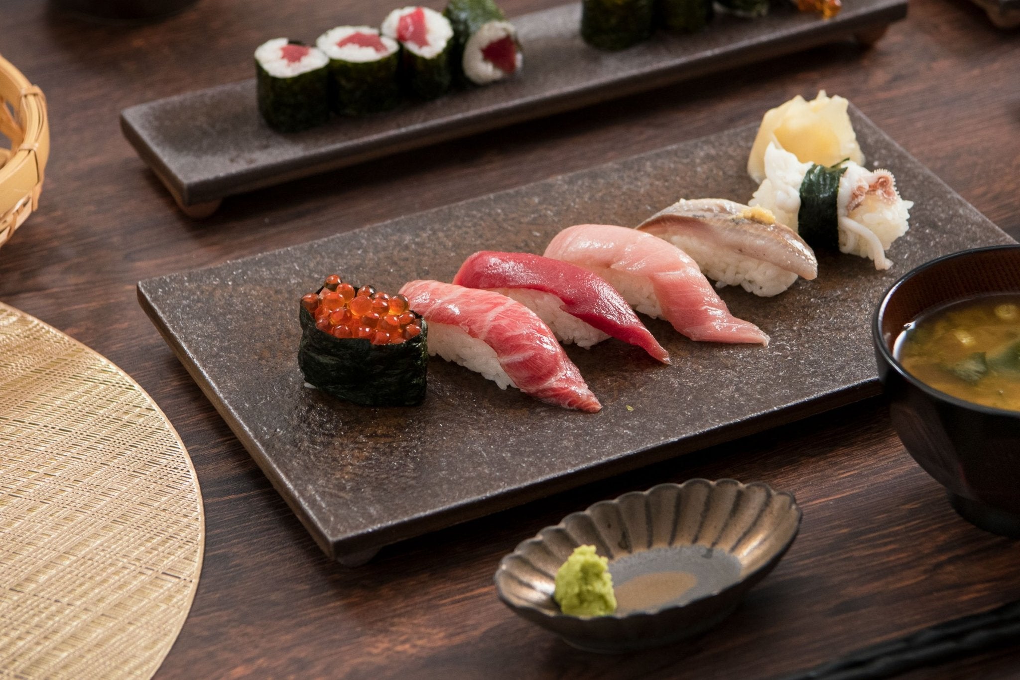 Japanese Table Setting #24 Modern Sushi Set with Ash Graze Mino