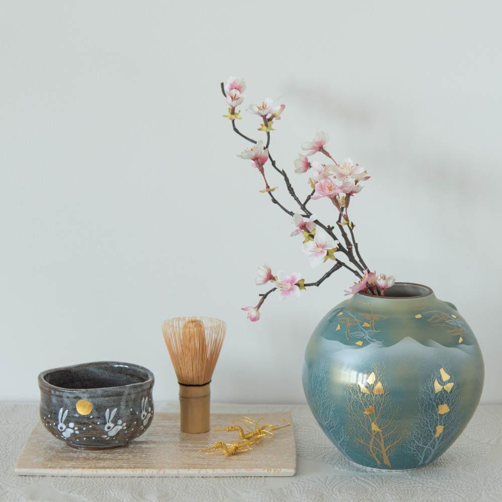 Sakura and Autumn Leaves Kutani Ware Flower Vase with Stand