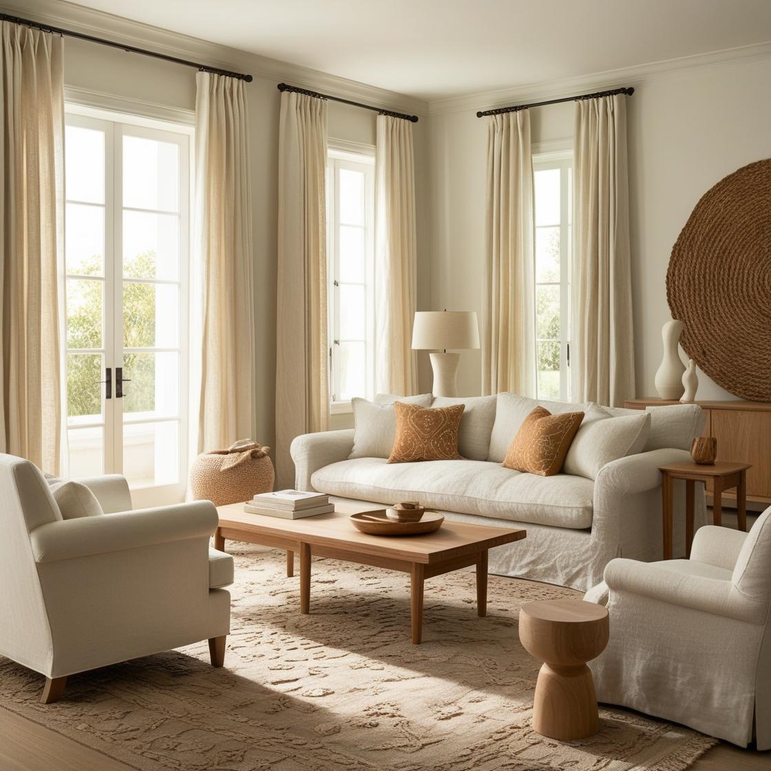 The room features rich, high-quality fabric elements that define comfort, style, and well-being—lush fabric curtains.