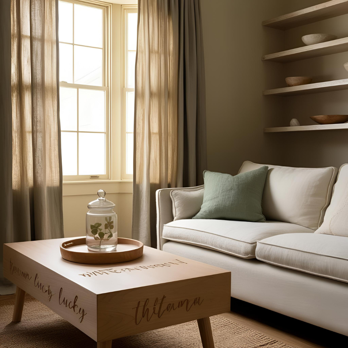 A softly lit, cozy living space with custom decor elements — a warm-toned room with linen curtains in a muted lucky color.
