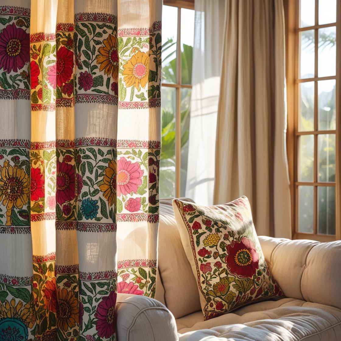 designer pillow cover in a matching print on a neutral-toned sofa. The image should feel intentional, globally inspired, and handmade.