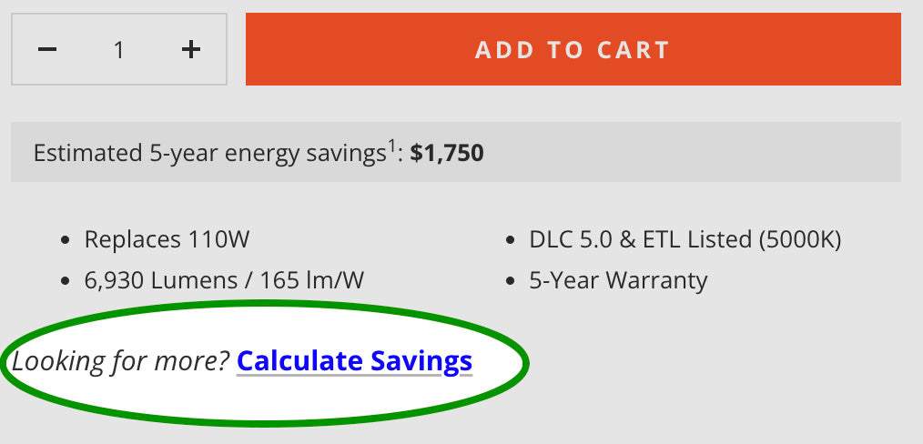 This image shows where the Calculate Savings link is on the product page.