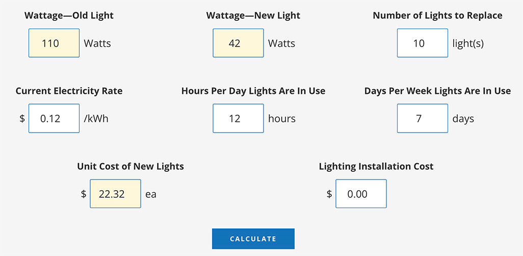This image shows the energy savings calculator with wattage, replacement wattage, and unit cost of lights already filled in from information on the product page.