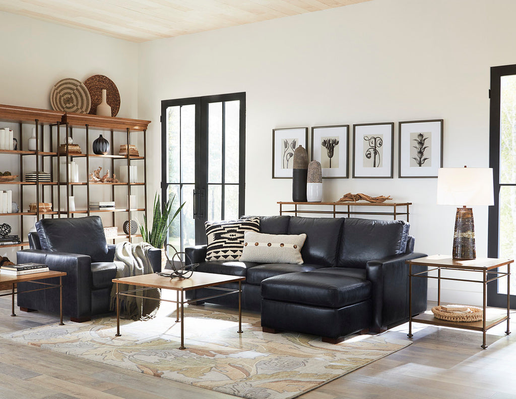 Memphis Sofa, Chair, and Ottoman with St. Lawrence tables and bookcase