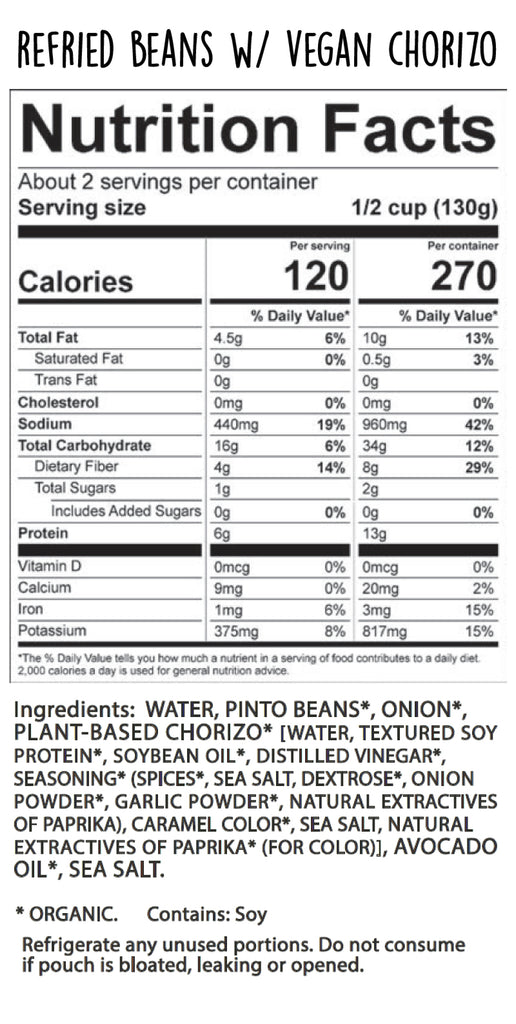 Refried Beans With Vegan Chorizo Nutrition Facts