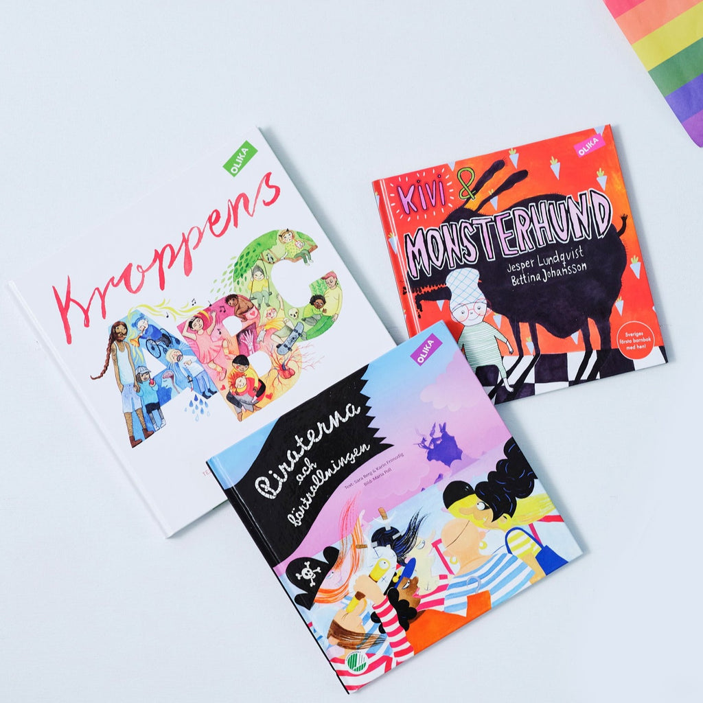 Bokpaket Pride - 3-6 år - Tre titlar: Kroppens ABC, Kivi och Monsterhund, Piraterna och regnbågsskatten - OLIKA förlag