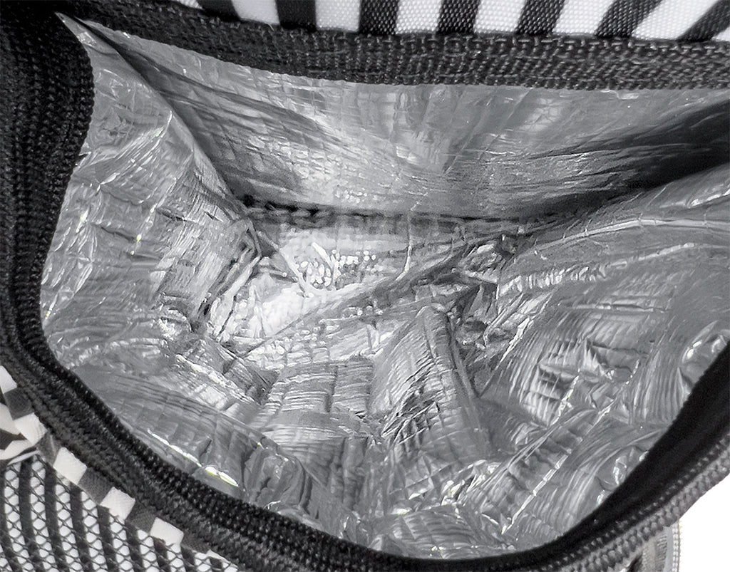 Zooming in on the interior of an insulated pocket of lenappy diaper bag