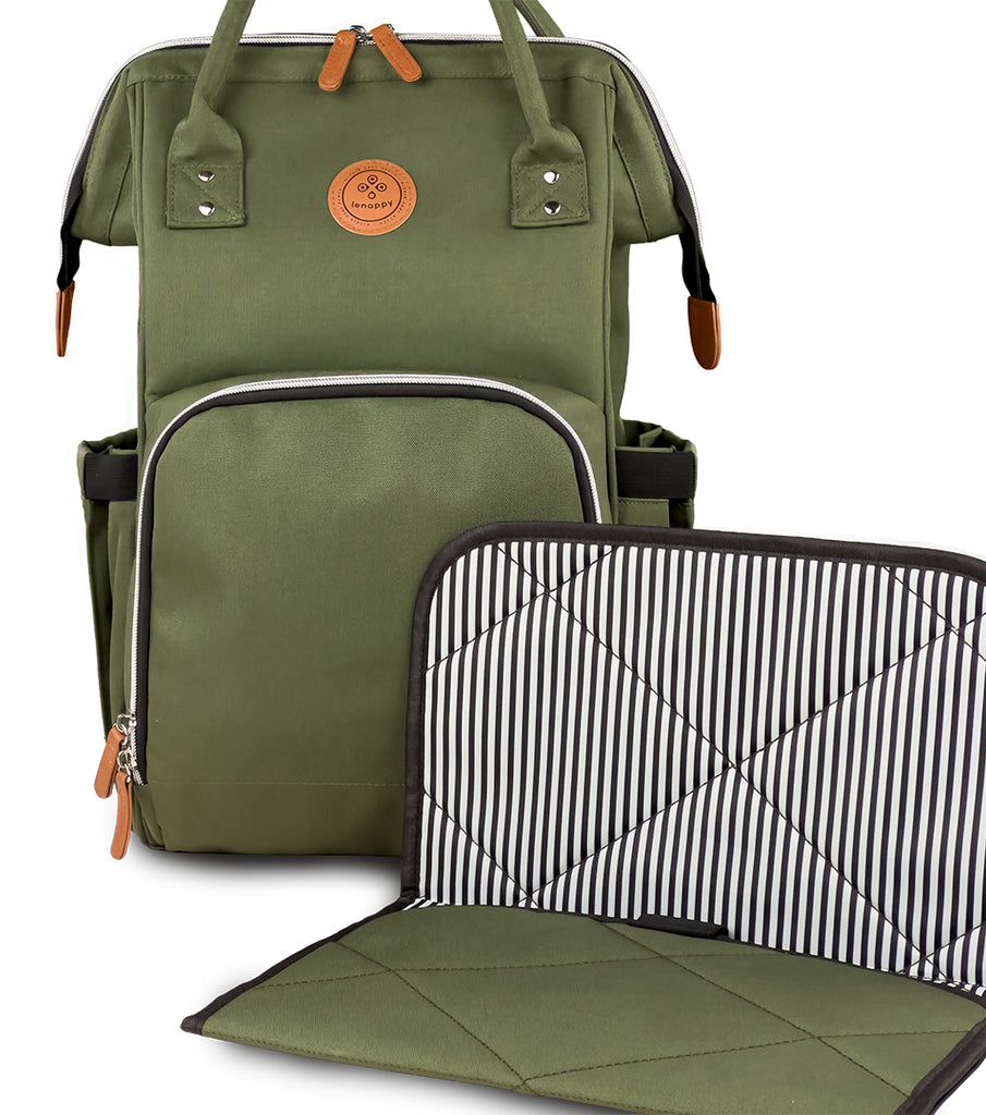 The Lenappy diaper bag in Olive color with its matching changing mat.