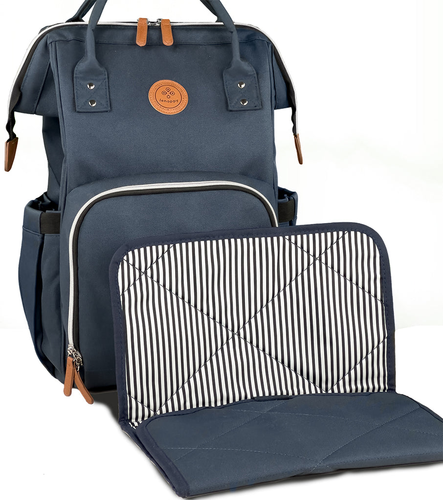 The Lenappy diaper bag in Midnight Blue color with its matching changing mat.