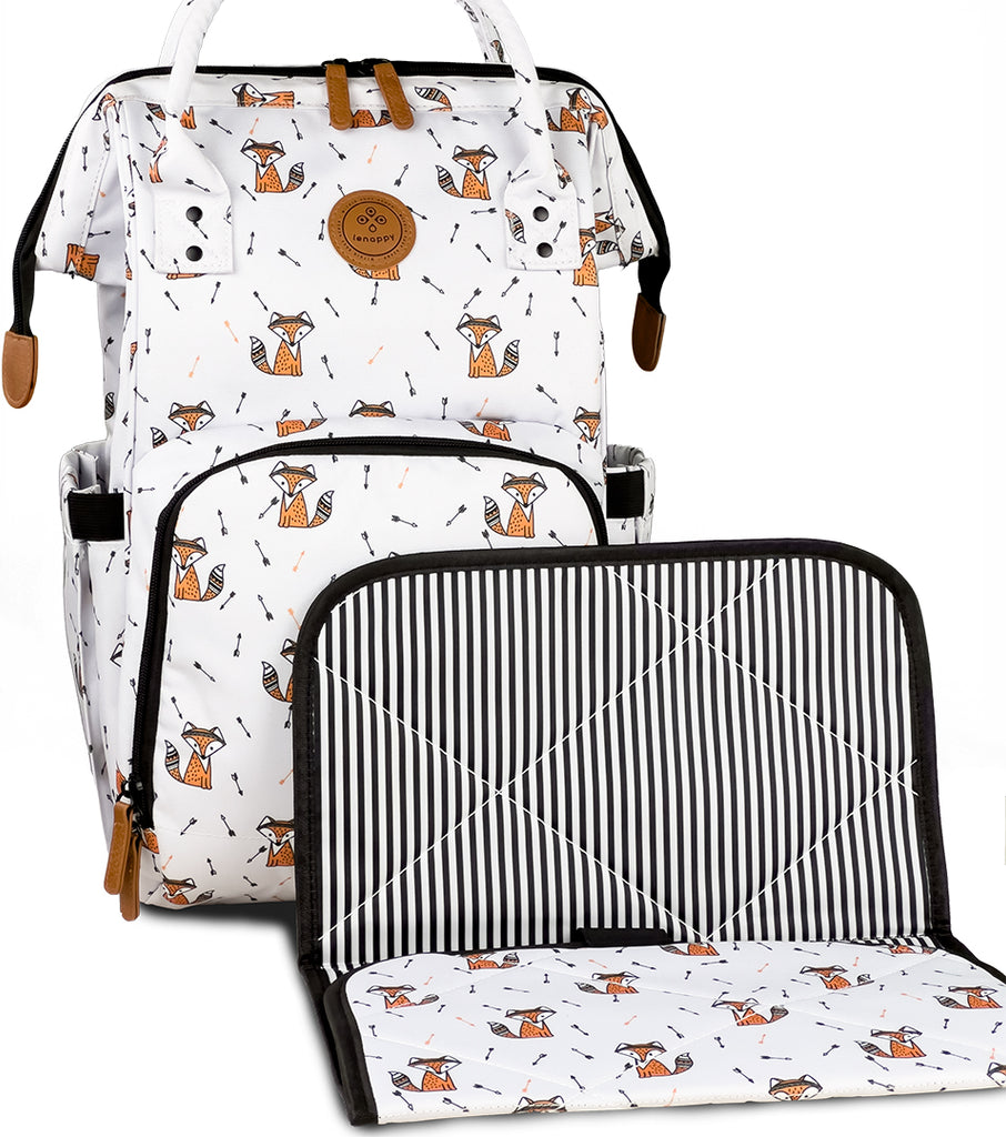 The Lenappy diaper bag in Kitsune color with its matching changing mat.