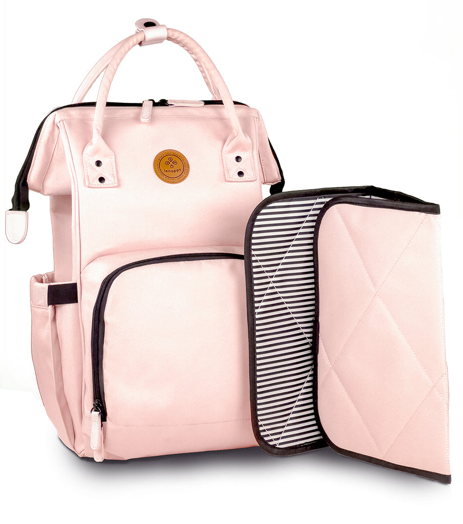 The Lenappy diaper bag in Nude Pink color with its matching changing mat.