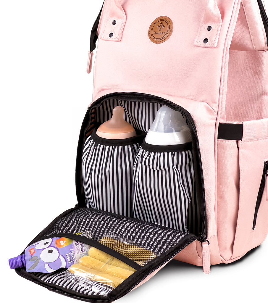 Interior of the front pocket of the Lenappy diaper bag in Nude Pink color.