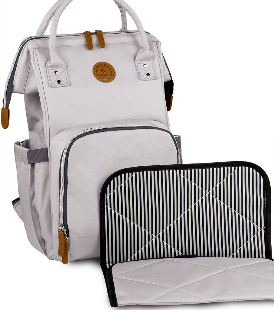 The Lenappy diaper bag in Icy Grey color with its matching changing mat.