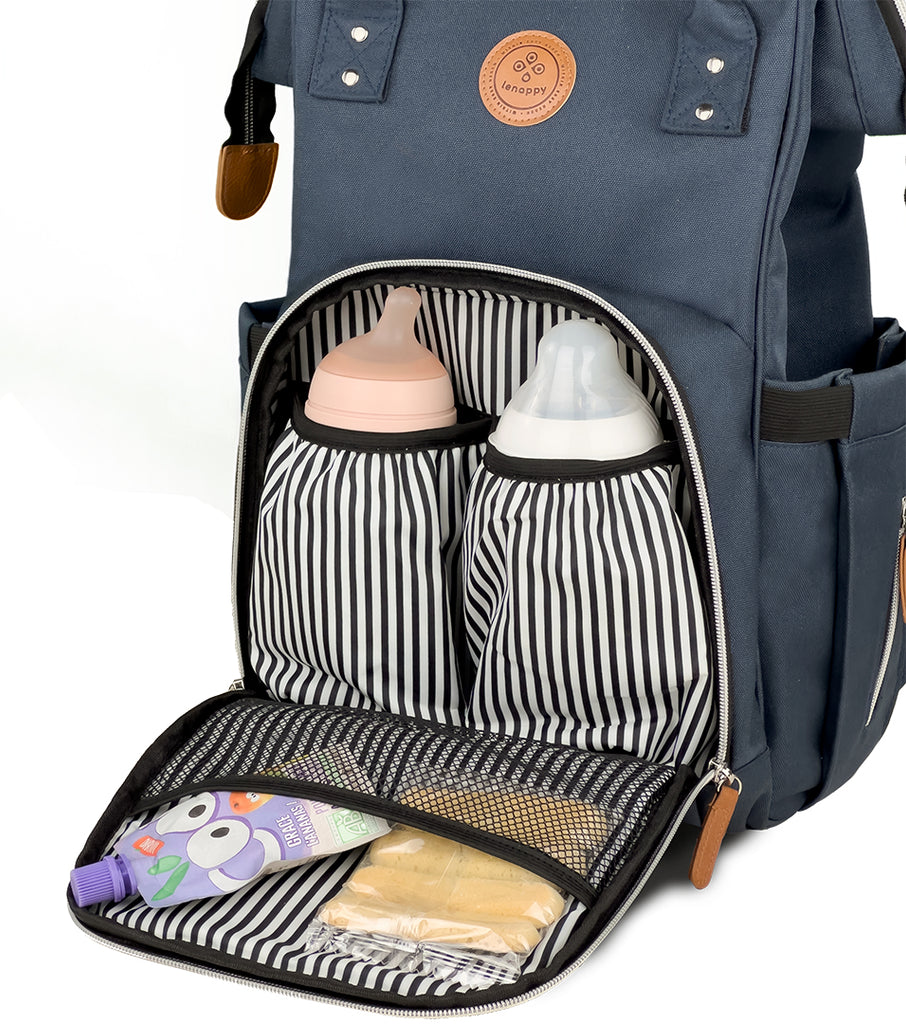 Interior of the front pocket of the Lenappy diaper bag in Midnight Blue color.