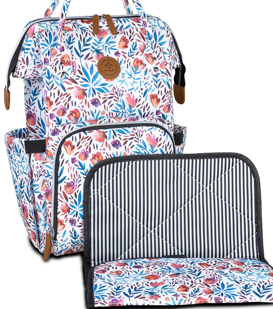 The Lenappy diaper bag in amapola color with its matching changing mat.